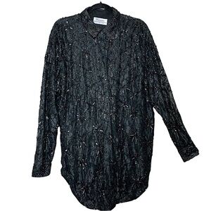 Vintage Mandaly Black Sequins Blouse Sz XL/1X Mesh Heavy Beaded Sheer Cocktail